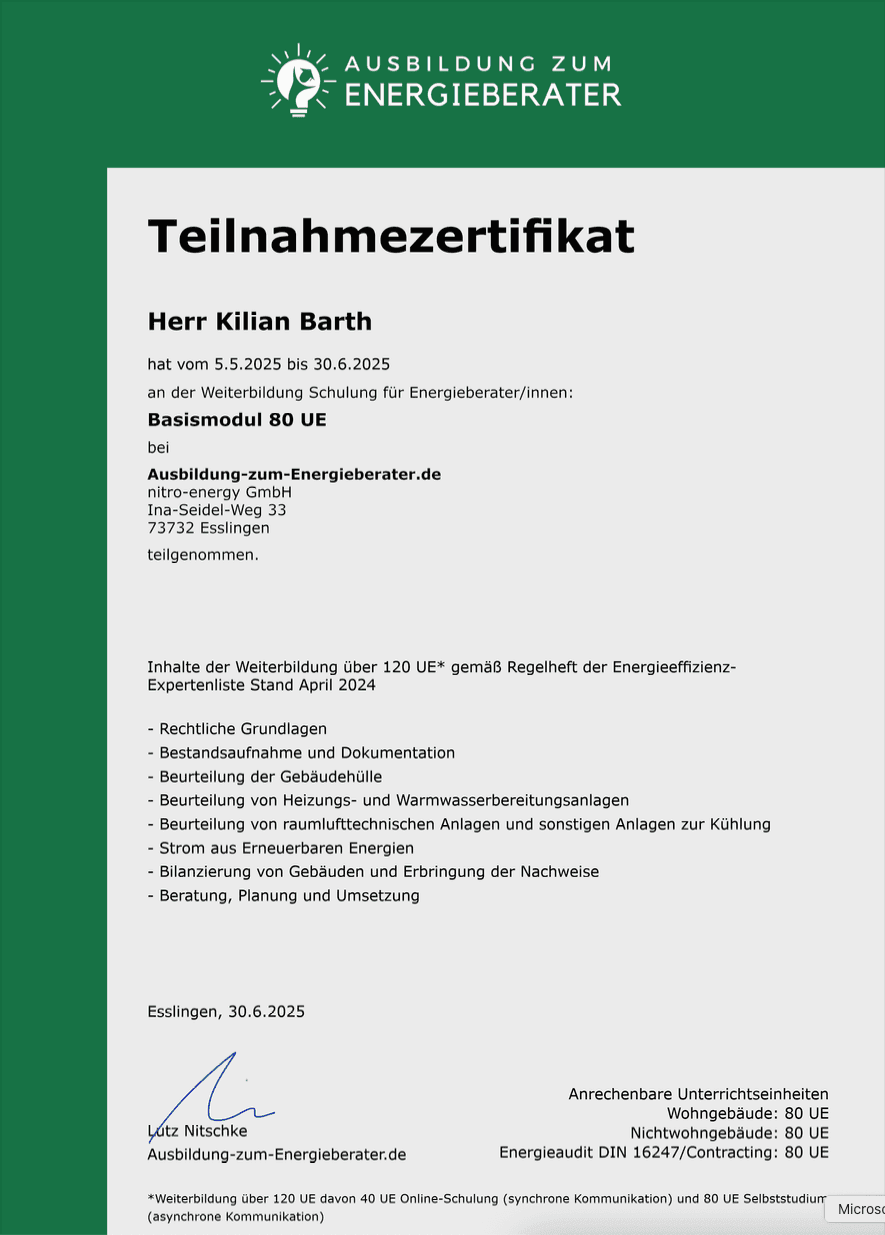KB | Teilnahmezertifikat Energieberatung Basismodul