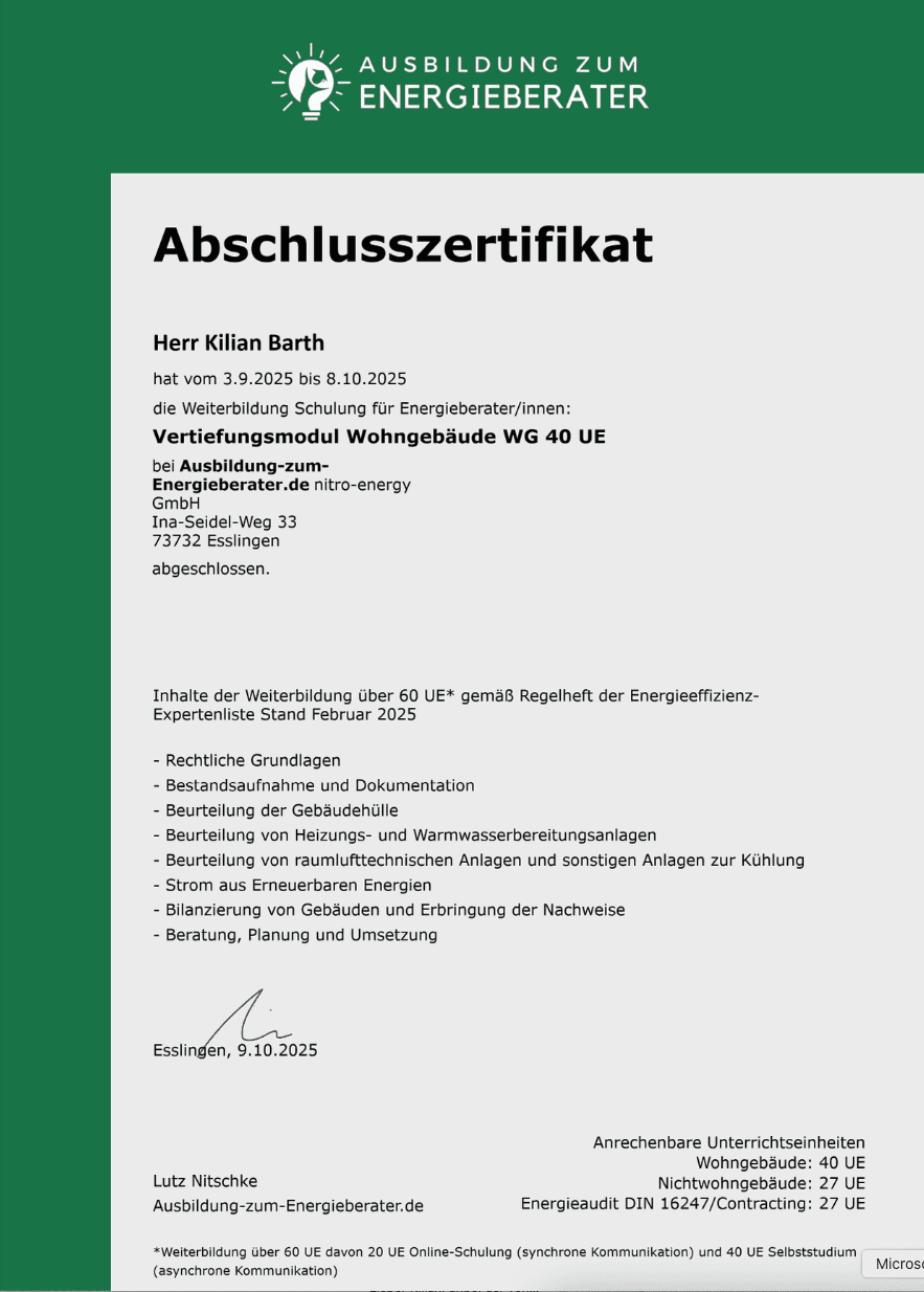 KB | Abschlusszertifikat Energieberatung für WG