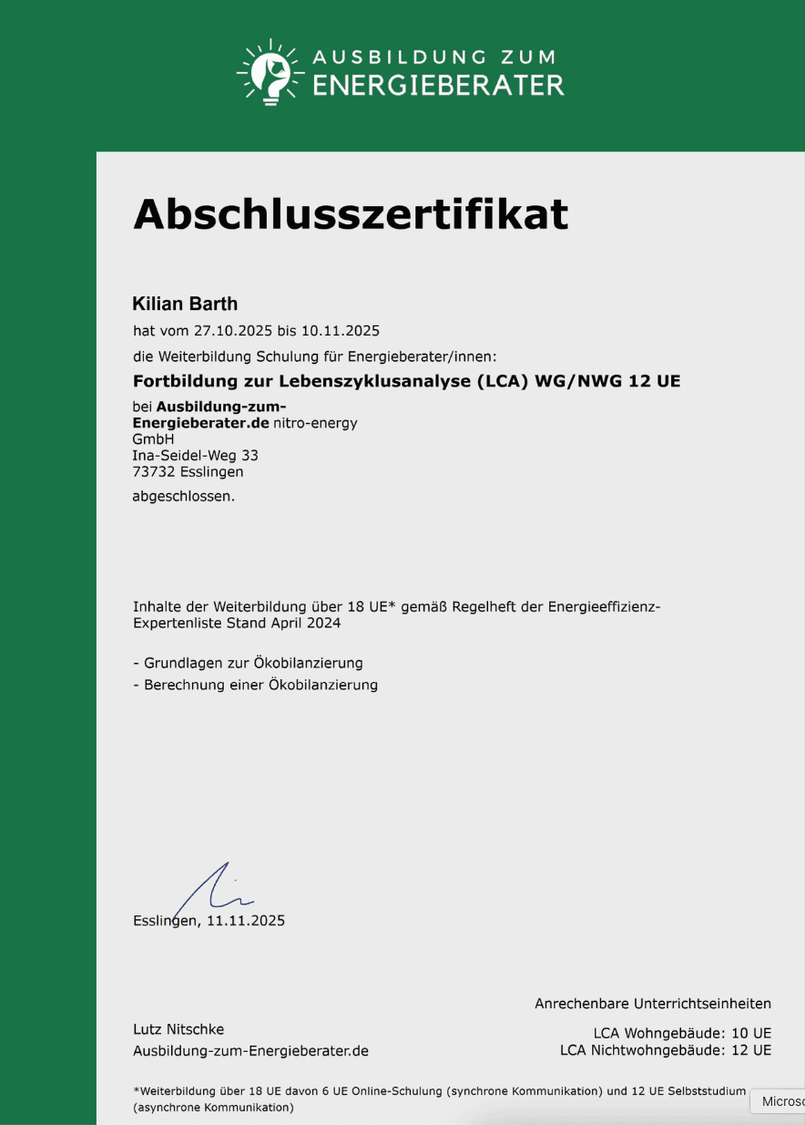 KB | Abschlusszertifikat LCA für NWG & WG